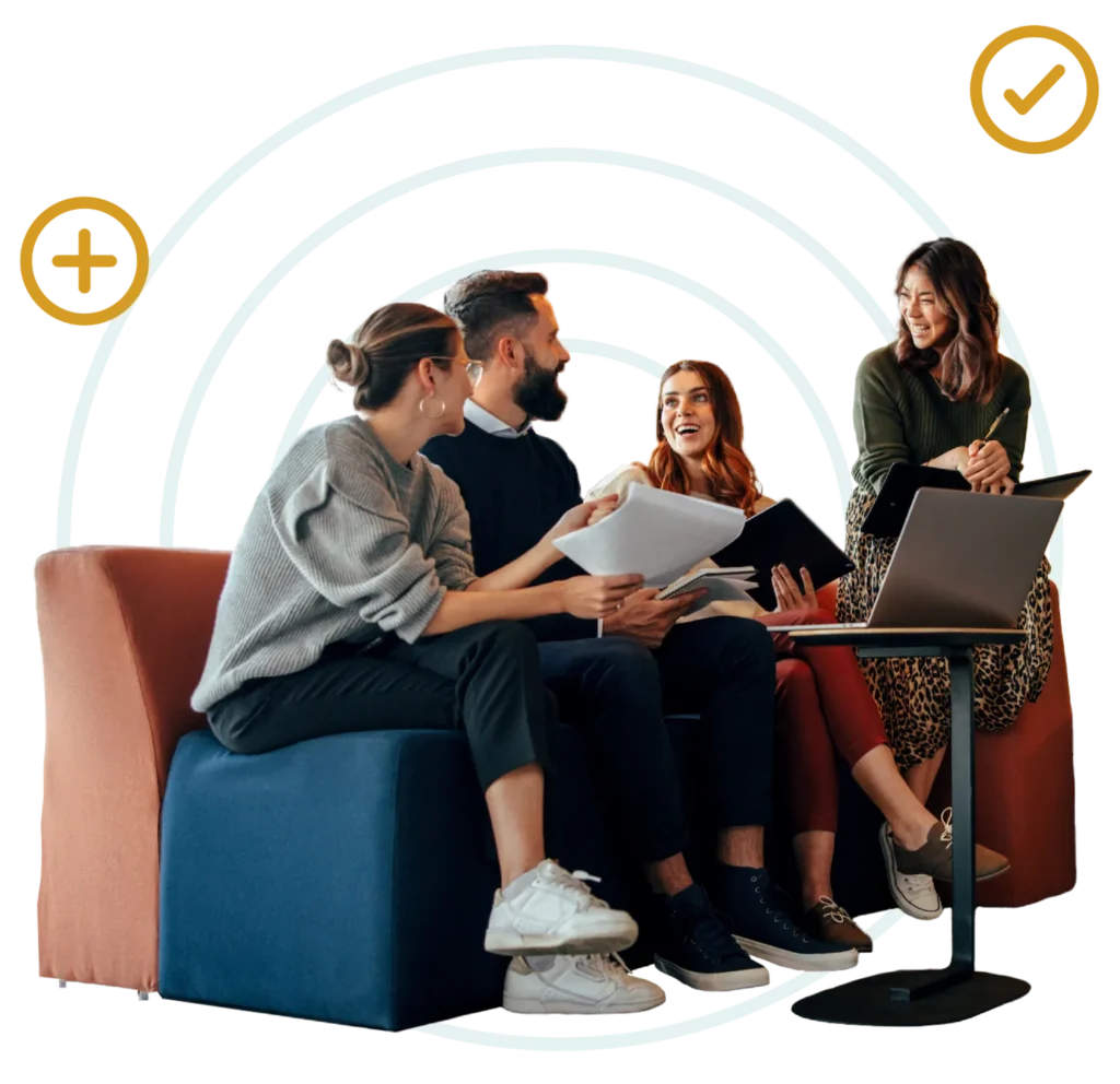 A group of young accountants meet around a laptop to discuss outsourced accounting services for entrepreneurs and nonprofit organizations.