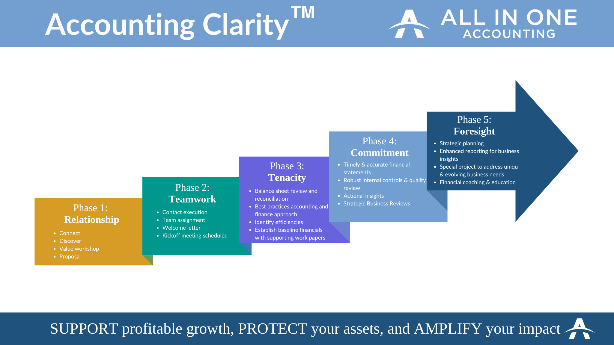 Infographic titled "Accounting Clarity™" by All In One Accounting, outlining a five-phase process shaped as a series of connected arrows moving forward. Phase 1: Relationship (Yellow) – Connect, Discover, Value workshop, Proposal. Phase 2: Teamwork (Teal) – Contract execution, Team assignment, Welcome letter, Kickoff meeting scheduled. Phase 3: Tenacity (Purple) – Balance sheet review, Best practices approach, Identify efficiencies, Establish baseline financials. Phase 4: Commitment (Light Blue) – Timely & accurate statements, Internal controls review, Actional insights, Business reviews. Phase 5: Foresight (Dark Blue, arrow shaped) – Strategic planning, Enhanced reporting, Special projects, Financial coaching & education. At the bottom: “SUPPORT profitable growth, PROTECT your assets, and AMPLIFY your impact.” All In One Accounting logo displayed top right.