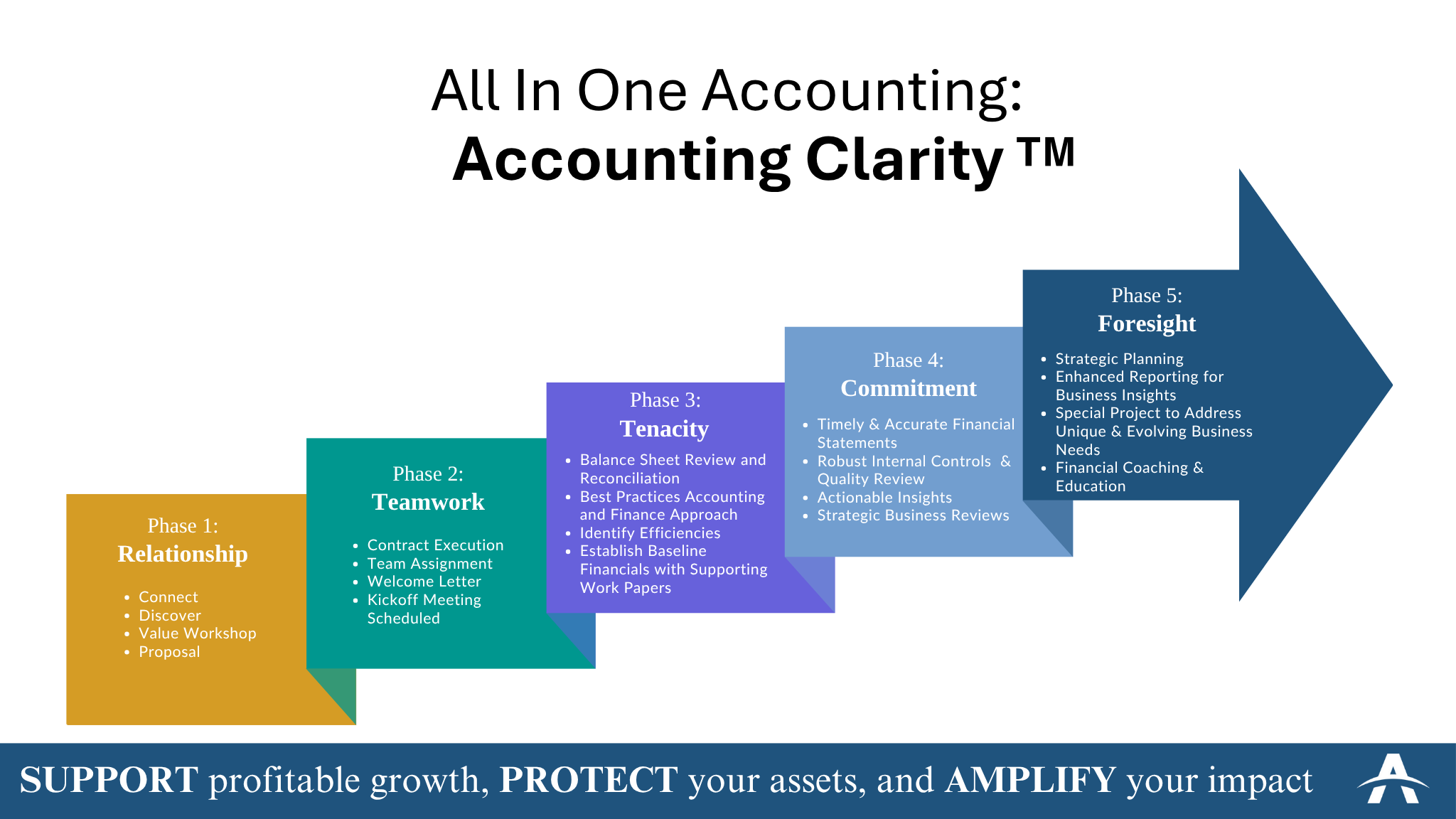 Infographic titled "Accounting Clarity™" by All In One Accounting, outlining a five-phase process shaped as a series of connected arrows moving forward. Phase 1: Relationship (Yellow) – Connect, Discover, Value workshop, Proposal. Phase 2: Teamwork (Teal) – Contract execution, Team assignment, Welcome letter, Kickoff meeting scheduled. Phase 3: Tenacity (Purple) – Balance sheet review, Best practices approach, Identify efficiencies, Establish baseline financials. Phase 4: Commitment (Light Blue) – Timely & accurate statements, Internal controls review, Actional insights, Business reviews. Phase 5: Foresight (Dark Blue, arrow shaped) – Strategic planning, Enhanced reporting, Special projects, Financial coaching & education. At the bottom: “SUPPORT profitable growth, PROTECT your assets, and AMPLIFY your impact.” All In One Accounting logo displayed top right.