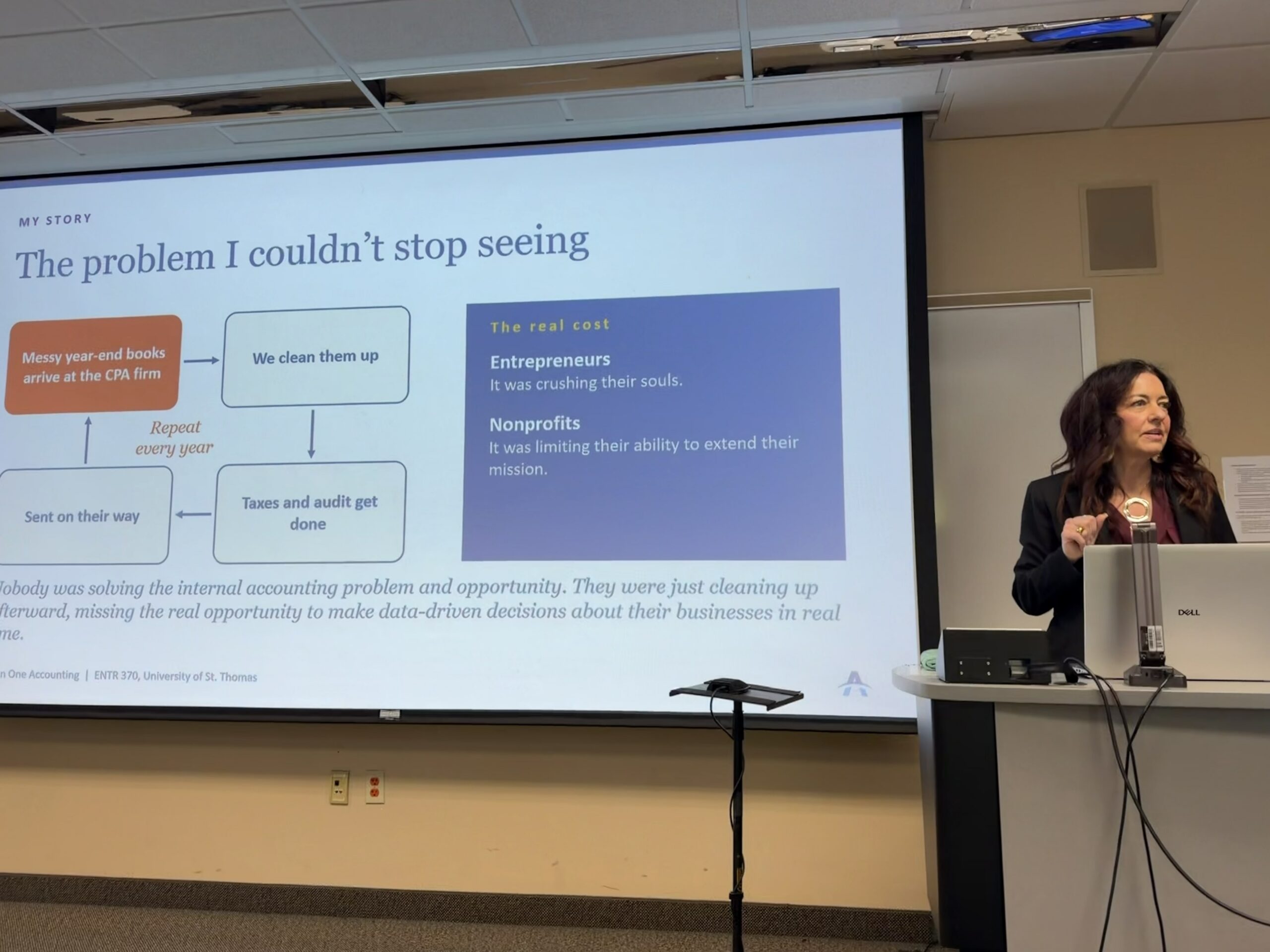 Heide Olson, Founder and CEO of All In One Accounting, presenting to entrepreneurship students at the University of St. Thomas
